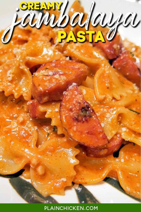 Creamy Jambalaya Recipe, Jumbalaya Pasta, Creamy Jambalaya, Jambalaya Pasta Recipe, Pastalaya Recipe, Jambalaya Recipes, Plain Chicken Recipe, Cajun Sausage Pasta, Jambalaya Pasta