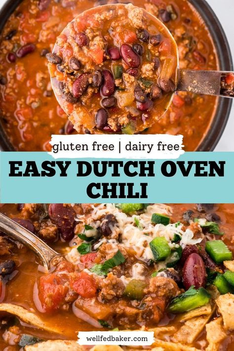 Two photos of chili, one being served from a dutch oven pot and the other topped with tortilla strips and cheese. Dutch Oven Chili Recipe, Dutch Oven Chili, Traditional Chili Recipe, Beef And Beans, Great Dinner Recipes, Gluten Free Cornbread, Easy Chili, Dutch Oven Cooking, Dutch Oven Recipes