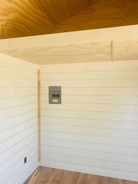 Shiplap in a she shed located in Boise Idaho Shed Wall Ideas, Pottery Space, Flower Shed, Lofted Cabin, She Shed Interior, Bedroom Office Space, Engineered Wood Siding, Plywood Ceiling, Rv Carports