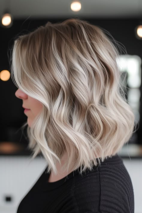 Blonde Hair Color With Dimension, Short Hair With Lowlights Blonde, Dimensional Short Blonde Hair, Blonde Lob With Lowlights, Blonde Wavy Lob, Blonde With Subtle Lowlights, Angled Lob Haircut Thick Hair, Ash Blonde Wavy Hair, Blonde Bob For Fine Hair