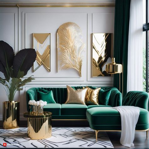 26 Gold, White, Black,And Emerald Green Living Room Decor Emerald Accents Living Room, Peacock Theme Living Room Ideas, Jade Living Room Color Scheme, Emerald Living Room Ideas, Green Spa Room, Emerald Green Living Room Decor, Emerald Green Living Room, Designing A Living Room, Green Sofa Living