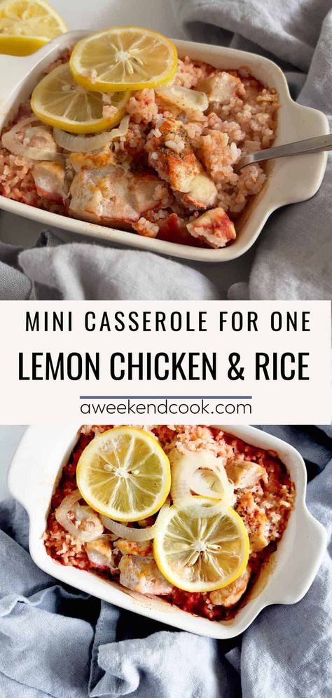 Another great mini casserole from A Weekend Cook! Lemony chicken and fluffy rice baked in a small casserole dish. Perfect for one meal. Single Serve Casserole Recipes, Casserole For One Person, Chicken Recipe For One Person, Chicken Recipes For One Person, Small Batch Recipes Dinner, Lemon Chicken Casserole, Casserole For One, Mom's Meatloaf Recipe, Chicken Recipes For One