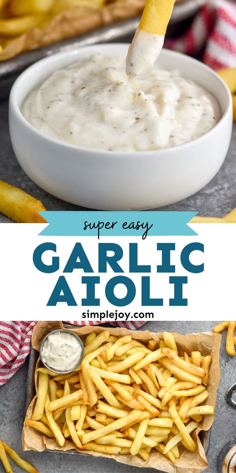 Garlic Aioli is such a simple and delicious sauce recipe. Use it as a topping for your hamburgers or as a dipping sauce for fries. It's even amazing on vegetables. Dip For French Fries Sauce Recipes, Mayo Dipping Sauce French Fries, Garlic Aioli Fries, Garlic Aioli Recipe Easy, Garlic Sauce For Fries, Garlic Fry Sauce, Garlic Dipping Sauce For Chicken, Dipping Sauce Recipes For Bread, Dipping Sauce For French Fries