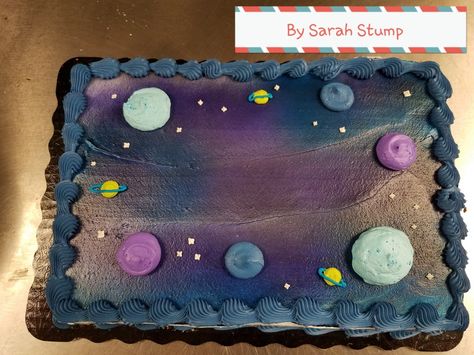 Galaxy outer space sheet cake - whipped by Sarah Stump Space Ice Cream Cake, Galaxy Sheet Cake Ideas, Two The Moon Sheet Cake, Galaxy Sheet Cake, Space Sheet Cake, Kirby Party, Milky Way Cake, Baby Shower Sheet Cakes, Dairy Queen Cake