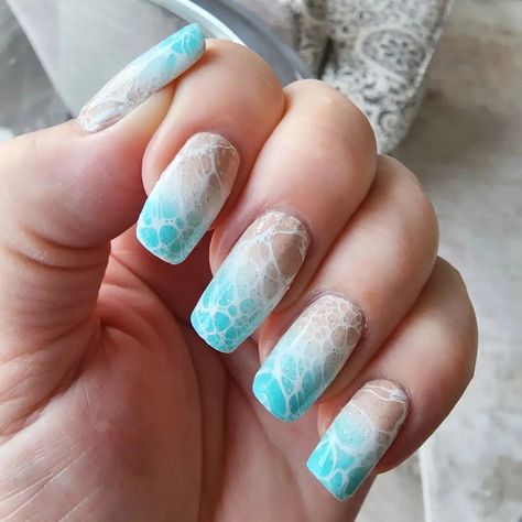 80+ Best Bright Summer Nails Ideas To Rock This Year Beach Nail Art Designs Ocean Waves, Summer Sunset Nails, Beach Nails Coffin, Tropical Manicure, Water Nails Design, Ocean Inspired Nails, Beach Nail Ideas, Beachy Nail Designs, Vacation Nail Designs