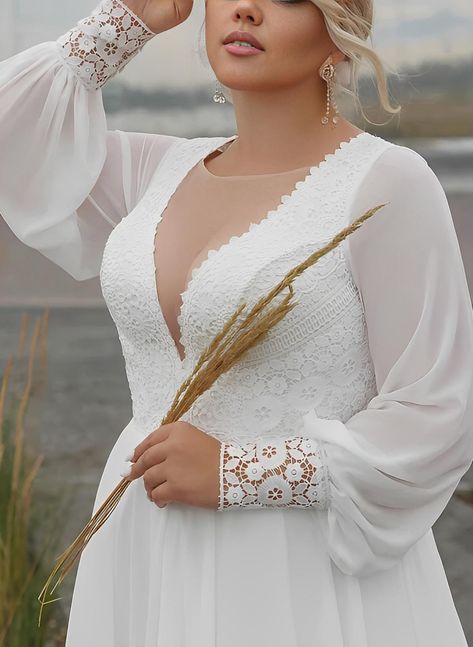 Long Sleeve Wedding Gowns Plus Size, Chiffon Dress Long Sleeve, Patch Sewing, Plus Size Boho, Plus Size Gowns, Curvy Bride, Chiffon Wedding Dress, Chiffon Dress Long, Lace Wedding Dresses