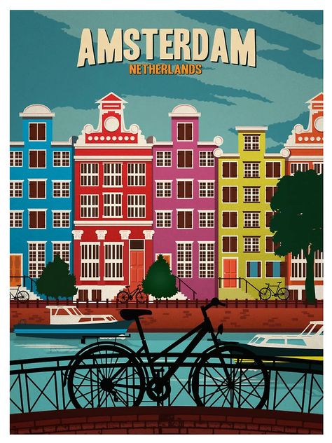 "Amsterdam - Netherlands " Sticker for Sale by art-lovers | Redbubble Postal Vintage, Retro Travel Poster, Amsterdam Travel, Travel Products, Images Vintage, Amsterdam Netherlands, Bike Shop, Vintage Travel Posters, Travel Prints