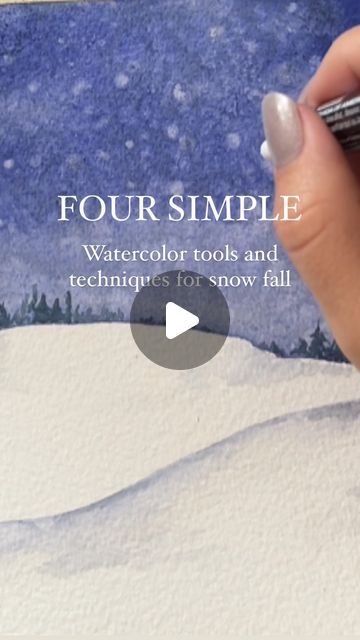 Bree Copley on Instagram: "Here are 4 simple tools and techniques I use to create snowfall with watercolor. You can use them individually or all together like I did to create whimsical winter watercolor landscapes! 💛💛 SHARE with anyone who wants to learn! 1. SALT! It’s one of my favorites to use! I find that sea salt works best. HOW TO USE : apply salt to WET or DAMP paint. The salt will soak up the paint in the areas it is applied to and will leave you will a beautiful negative bloom. Experiment with the size of salt you use. Rock salt will create even bigger blooms and once removed they often look like little snowflake crystals. Only Remove salt once painting is COMPLETELY DRY! 2. Damp q-tip: most people have these in their home so it’s a great tool to use in various ways Watercolor Snow Scenes Easy, Magic Salt And Watercolor Snowflake, Simple Watercolor Techniques, Watercolor Painting Sea, Learn To Paint Watercolor, Winter Watercolor Art, Watercolor Snowman Tutorial, Winter Watercolor Tutorials, Winter Watercolor Ideas