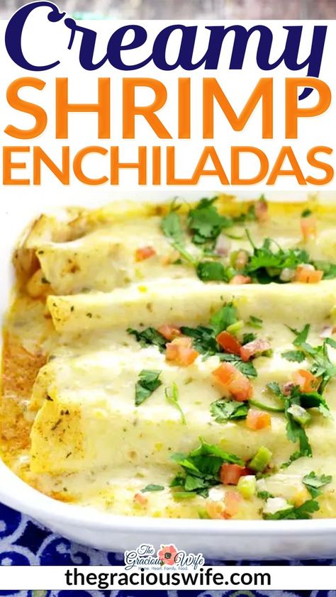 #ad Creamy and rich with added pops of flavor from onions and peppers, these Creamy Shrimp Enchiladas are easy enough for family dinner and elegant enough for a date night in. These are amazing. They're simple to make, but full of flavor. Creamy Shrimp Enchiladas are easy enough to whip up for a family dinner, and they're also elegant and rich enough to have an indulgent grown-up dinner (Creamy shrimp enchilada date night, anyone?!). | @graciouswife #shrimpEnchiladas #easyseafoodEnchiladas Creamy Shrimp Enchiladas, Shrimp Enchiladas Recipes, Shrimp Meals, Enchiladas Recipes, Seafood Casserole Recipes, Shrimp Enchiladas, Fiesta Recipes, Cooking Secrets, Southwestern Recipes