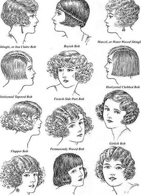 A selection of Bobbed Hairstyles from the 1920s. Learn how to recreate the bobbed hairstyles that were popular during the 1920's. With the aid of 119 clear illustrations and photos, a leading 1920's hair stylist will teach you the methods he used to create bobbed hair for his customers. Tapering, layering, shingling and other techniques are covered.   #hairstyles #hairstyling Great Gatsby Party Outfit, Roaring 20s Hairstyles, Hairstyles 1920s, 20s Hair, Marcel Waves, 1920s Makeup, Gatsby Hair, 1920s Headband, Faux Bob