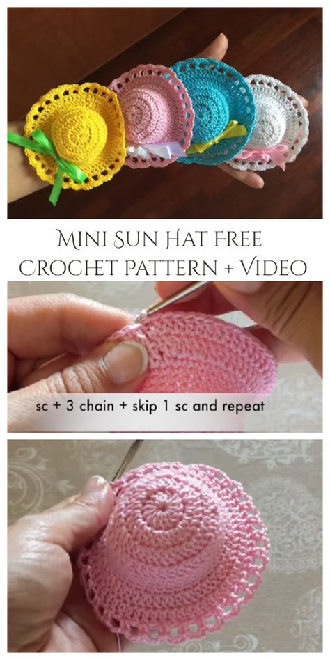 Crochet Mini Sun Hat Free Crochet Pattern - Video Barbie Doll Crochet Patterns Free, Hat Free Crochet Pattern, Crochet Doll Clothes Free Pattern, Crochet Sun, Barbie Knitting Patterns, Video Wedding, Crochet Sun Hat, Mini Hat, Crochet Barbie Clothes