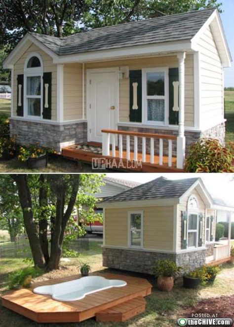 This dog house is amazing. The shutters with the dog bones, its own door...windows. @Jackie Valdez Sierra - wouldn't put it passed you... Dog Sanctuary, Build A Dog House, Cool Dog Houses, Dog Room, Dog Area, Dog Ideas, Dog Rooms, Dog Bones, Training Your Puppy