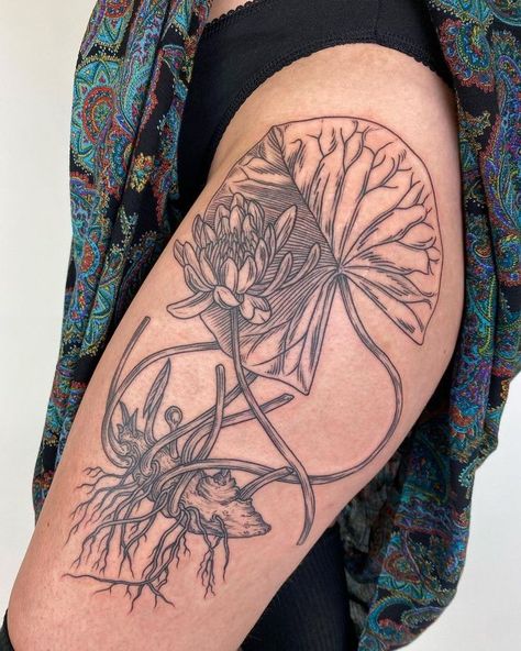 Water Lily Tattoo Sleeve, Water Lilies Tattoo, Lilypad Tattoo, Pond Tattoo, Lily Pad Tattoo, Peter Tattoo, Lily Tattoo Sleeve, Lily Pad Drawing, Botanical Tattoo Sleeve