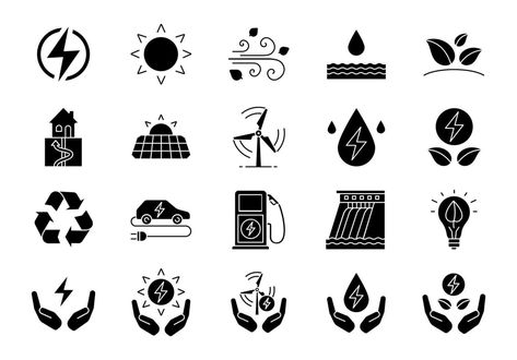 Alternative energy sources glyph icons set. Eco power. Renewable resources. Water, solar, thermal, wind energy. Silhouette symbols. Vector isolated illustration Wind Energy Projects, Energy Symbols, Wind Power Generator, Waves Icon, Solar Thermal, Alternative Energy Sources, Thermal Energy, Energy Industry, Power Symbol