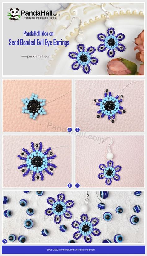 Beautiful Beaded Earring, Diy Seed Bead Earrings, Bead Crafts Diy, Beaded Earrings Tutorials, Bead Embroidery Tutorial, Beaded Jewelry Tutorials, Evil Eye Earrings, Handmade Jewelry Tutorials, Beaded Earrings Patterns