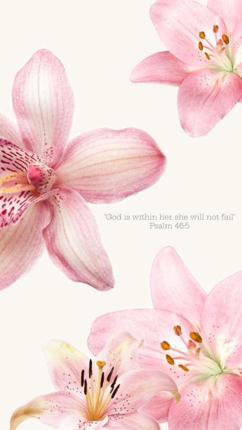 Wallpaper pink lilys “god is within her, she will not fail” psalm 46:5 bible Lily Aesthetic, Bible Quotes Background, Lily Wallpaper, ملصق ديني, Retro Art Prints, Wallpaper Bible, Cute Bibles, Christian Quotes Wallpaper, Bible Verse Background