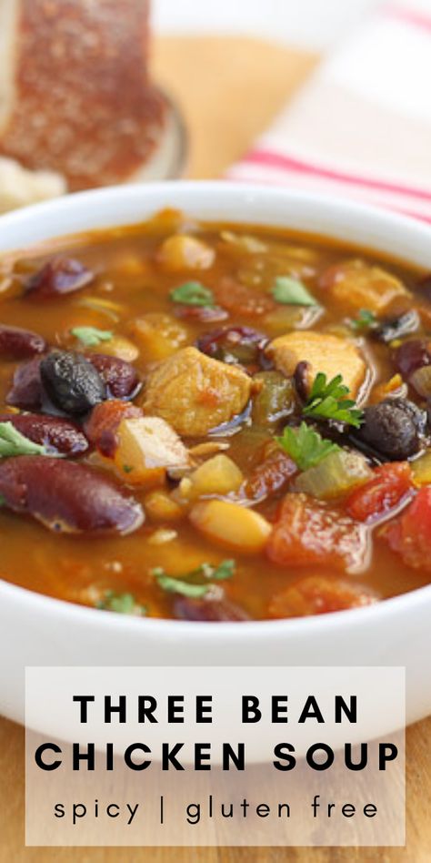 Soup With Chicken And Beans, Chicken And Beans Recipe Healthy, Chicken And Beans Soup, Healthy Spicy Soup, Chicken And Bean Soup Recipes, Three Bean Soup Recipes, Chicken Bean Soup Recipes, 5 Bean Soup, Bean Soup With Chicken