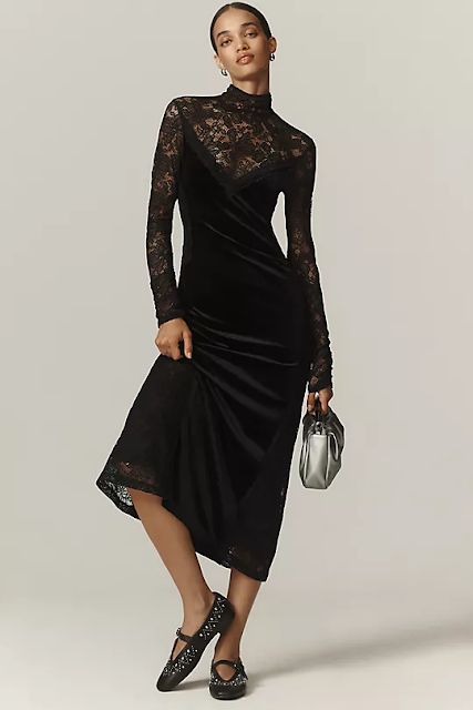 MARIA'S STYLE PLANET: MIDI VELVET DRESS Winter Velvet Dresses Pakistani, Velvet Long Sleeve Dress, Elegant Goth, High Collar Shirts, Slip Midi Dress, Shower Outfits, Bridal Shower Outfit, Midi Slip Dress, Velvet Lace