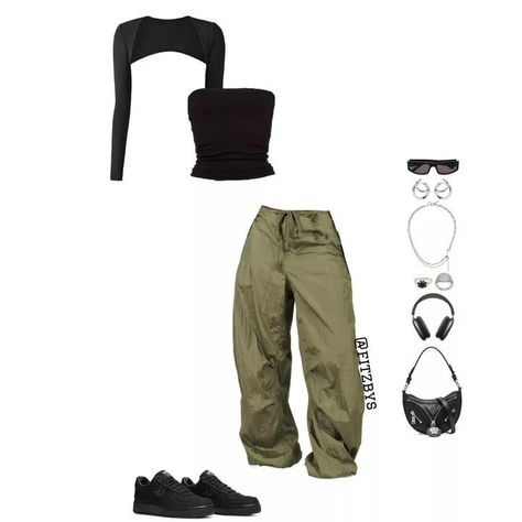 How To Style Green Parachute Pants, How To Style Black Top, How To Style Tube Tops, Green Pants Black Top, Black And Khaki Outfit, Green Parachute Pants Outfit, Khaki Green Outfit, Green And Black Outfits, Nike Parachute Pants