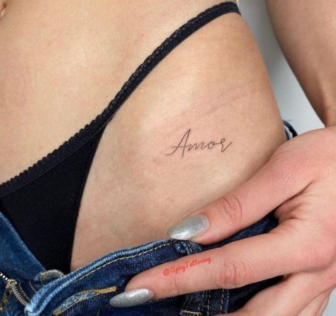 Italian Word Tattoos For Women, Amor Tattoos For Women, Leap Of Faith Tattoo, Small Intimate Tattoo, Amore Tattoo Fonts, Mi Amor Tattoo, Intimate Tattoos For Women, Amour Tattoo, Babe Tattoo