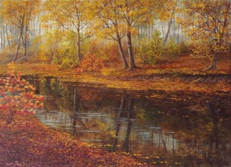 Landscape With River, Sky Artwork, Autumn Scenes, Paintings Prints, Handmade Frames, Buy Paintings, Autumn Trees, Simple Art, Easy Paintings