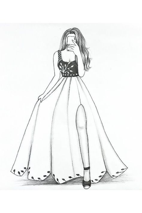 Ashuuu Dress Pencil Sketches, Drowing Girls Pencil Easy, Dresses Pencil Sketch, Prom Dresses Drawing, Girly Drawings Aesthetic, Sketching Images, Drawing Ideas With Pencil, Frock Drawing, Queen Hijab