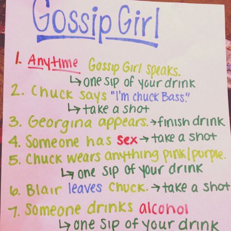 Gossip Girl drinking game! OH DEAR GOD! who wants to want the whole Gossip Girl Series with me for the 4th time?!? Tv Show Drinking Games, Gossip Girl Party, Movie Drinking Games, Liquor List, Drunk Games, Alcohol Games, Lets Get Drunk, Drinking Games For Parties, Fun Drinking Games