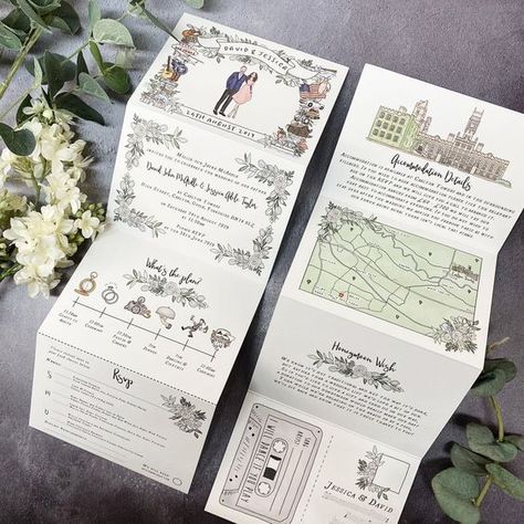 Unusual Wedding Invitations Creative, Wedding Invites Timeline, Concertina Invitation Weddings, Illustrated Wedding Map, Cute Wedding Invitation Cards, Wedding Invite Illustrated, Concertina Wedding Invitations, Puzzle Wedding Invitations, Useful Wedding Invitations