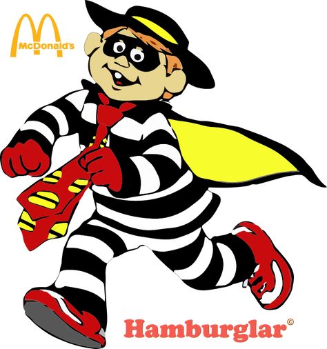 A pint-sized burglar who was introduced in 1971 as one of the first antagonists of the commercials where he often attempts to steal burgers from Ronald. Originally, Hamburglar spoke in a gibberish language which had to be translated by Captain Crook. He was reintroduced in 1985 as one of the main protagonists where he spoke in normal sentences. In 2015, McDonald's brought back the Hamburglar as part of the promotion of a new sirloin burger. Hamburglar Costume, The Hamburglar, Mcdonalds Birthday Party, Childhood Characters, Childhood Memories 70s, Diy Halloween Costumes Easy, Dope Cartoon Art, Mascot Design, Graphic Tee Design