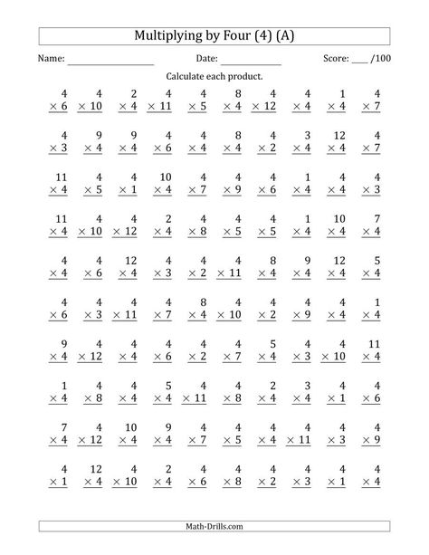 The Multiplying by Four (4) with Factors 1 to 12 (100 Questions) (A) Math Worksheet from the Multiplication Worksheets Page at Math-Drills.com. Free Printable Multiplication Worksheets, Free Multiplication Worksheets, Multiplication And Division Worksheets, Printable Multiplication Worksheets, Multiplication Facts Worksheets, Math Multiplication Worksheets, Math Fact Worksheets, Fun Math Worksheets, Math Drills