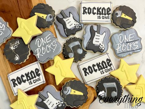 Rock And Roll Birthday Cookies, Rock N Roll Cookies Decorated, Rock And Roll Sugar Cookies, Rock N Roll Cookies, Rock And Roll Cookies, Baby Mask, Rock And Roll Birthday, Rockstar Birthday, Decorating Birthday