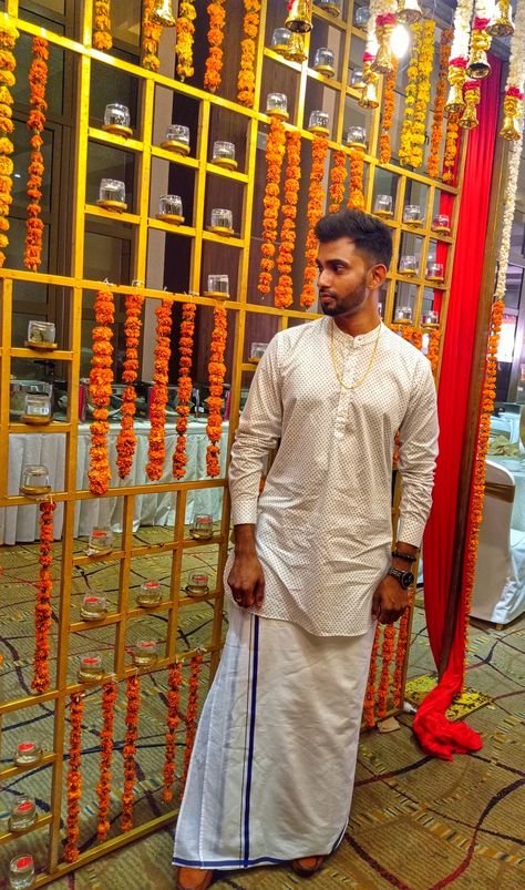 Hindu wedding, Tamil wedding dress for men, vetti(veshti) with Kurti, Thai pongal dress for men Tamil Traditional Dress, Traditional Dress For Men, Wrap Clothes, Tamil Wedding, Wearing Style, Traditional Attire, Lower Body, Men And Women, How To Wear