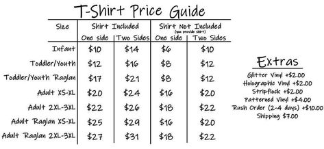 Sublimation Shirt Prices, Sticker Pricing Chart, Tshirt Price Chart, Cricut Pricing Guide, Tshirt Pricing Chart, Htv Pricing Chart For Shirts, T Shirt Pricing Guide Vinyl, Pricing Vinyl Projects, Tshirt Business Ideas