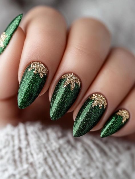 Deck the halls and your nails with these fabulous green Christmas designs! Indulge in 30 magical ideas that capture the essence of yuletide joy. From twinkling emerald aurora borealis effects to frosty pine cone accents, these nail art creations will transport you to a winter wonderland. Mix and match patterns for a playful look or stick to a theme for elegant charm. Perfect for spreading holiday cheer wherever you go. Christmas Nails Medium Almond, Elf Inspired Nails, Gold And Green Nails Ideas, Green Christmas Toe Nails, Red Green Gold Christmas Nails, Green Nails With Gold Tips, Green French Tip Christmas Nails, Green And Gold Nails Christmas, Green Holiday Nail Designs