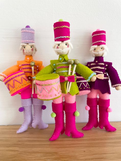 Colourful Christmas Nutcracker ballet ornament Christmas decor Felt Nutcracker Ornaments Diy, Felt Nutcracker Ornaments, Sewn Christmas Gifts, Felt Nutcracker, Hand Sewn Gifts, Nutcracker Drummer, 12 Drummers Drumming, Embroidery Christmas Ornaments, Drummers Drumming