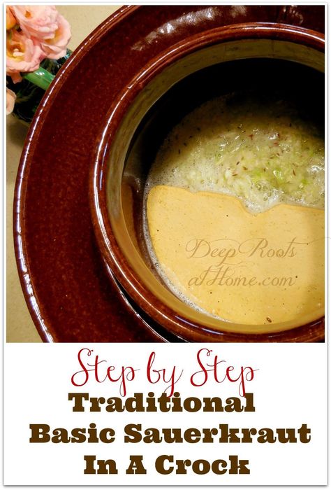 Making Sauerkraut In A Crock, How To Make Sauerkraut In A Crock, Homemade Sauerkraut In A Crock, Fermentation Crock Recipes, How To Make Sauerkraut From Cabbage, Sourkrout Recipe How To Make, Saurkraut Recipes Homemade, Cabbage Canning, Homemade Sourkraut