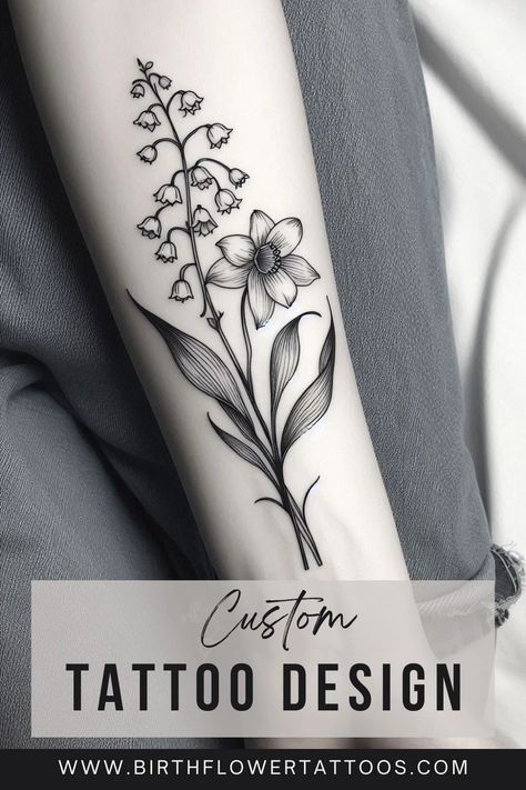 🌸✨Lily of the Valley and Daffodil Flower Tattoo: A Delicate Fineline Design for Birth Month... Daffodil Floral Tattoo, March And May Birth Flower Tattoo, Daffodil Flower Tattoo, Daffodil Flower Tattoos, Narcissus Flower Tattoos, March Birth Flower, March Birth Flowers, Daffodil Tattoo, May Birth Flowers