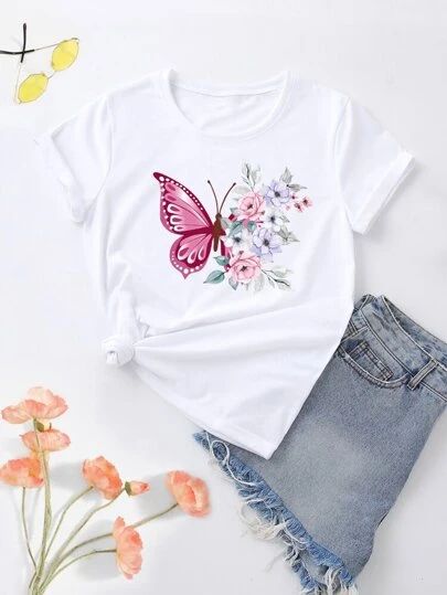 White T Shirt Painting Ideas, Butterfly Tshirt Design, Boys Shirts Pattern, Printed Tee Women, Fabric Painting On Clothes, T Shirt Painting, Floral Butterfly, Shirt Print Design, Painted Clothes