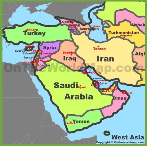 Map of West Asia West Asia Map, Asia Geography, Central Asia Map, World Map Picture, Middle East Map, Geography Worksheets, Medina Mosque, Geography Map, Asia Map