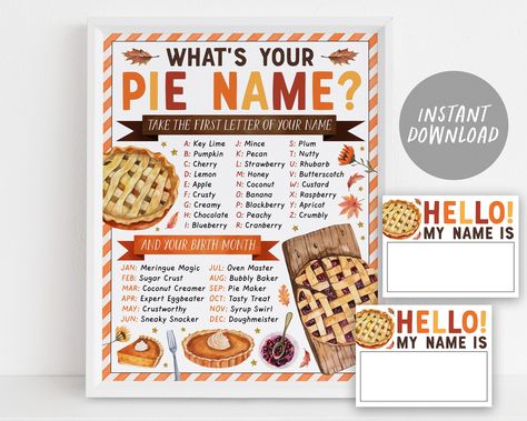 What's Your Pie Name Game With Name Tags And Sign THIS IS AN INSTANT DOWNLOAD- NO PHYSICAL PRODUCT WILL BE SHIPPED ------------------------------------ ❤️ SIZES INCLUDED 8x10" / 11x14 / 16x20 (sign) 3x4" (name tag) 8.5x11" (formatted with 6 name tags) ------------------------------------ ❤️ HOW THIS WORKS  1. Purchase this listing. 2. Once the payment has gone through, you will be directed by Etsy to the instant download page ------------------------------------ ❤️ OTHER NOTES  - NO REFUNDS will Pie Social Ideas, Pie Contest Prizes, Pie Party Invitations, Pie Baking Contest, Thanksgiving Trivia Questions, Pie Game, Coconut Creamer, Baking Contest, Pie Party