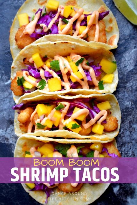 These Boom Boom Shrimp Tacos will transport you to a tropical island....thanks to a box of frozen popcorn shrimp, these tacos are easy and super delicious! Boom Boom Shrimp Tacos, Chef Keef, Boom Boom Shrimp, Margarita Night, Tacos Tuesday, Frozen Popcorn, Wonton Tacos, Fish Dinners, Tacos Recipes