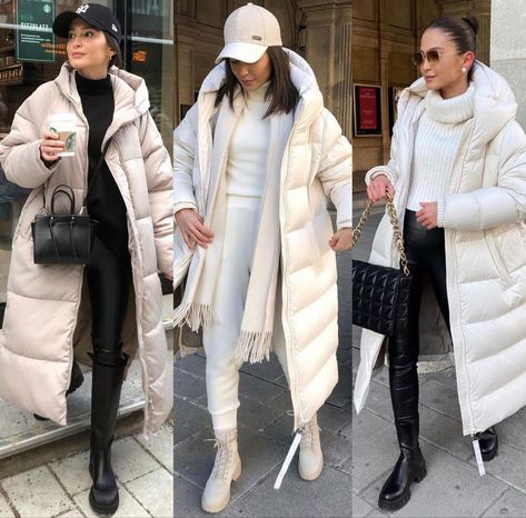 White Long Puffer Jacket Outfit, Long Puffer Jacket Outfit Winter Style, Cream Puffer Coat Outfit, White Puffer Coat Outfit, White Jacket Outfit Casual, White Puffer Outfit, Jacket Outfit Korean, Long Puffer Coat Outfit, Puffer Jacket Outfit Aesthetic