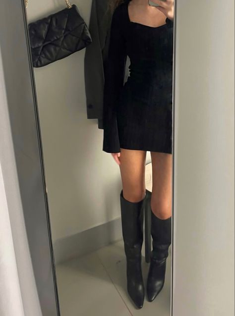 Short Dress And Knee High Boots, Black Dress And Knee High Boots, Nee High Black Boots Outfit, Mini Dress With Knee High Boots, Black Mini Dress And Boots, Short Dress With Knee High Boots, Black Dress With Tights And Boots, Black Dress Knee High Boots, Mini Dress Knee High Boots