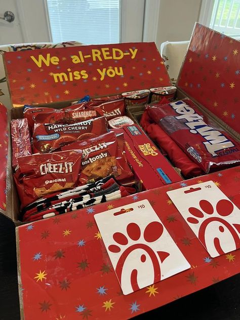 Care Package Mamas | Facebook Red Care Package, Valentine’s Day Care Package Ideas, Out Of The Blue Care Package, Themed Care Packages, Red Themed Care Package, Cake Gift Basket, 4th Of July Care Package Military, Soda Cake, Miss You Already