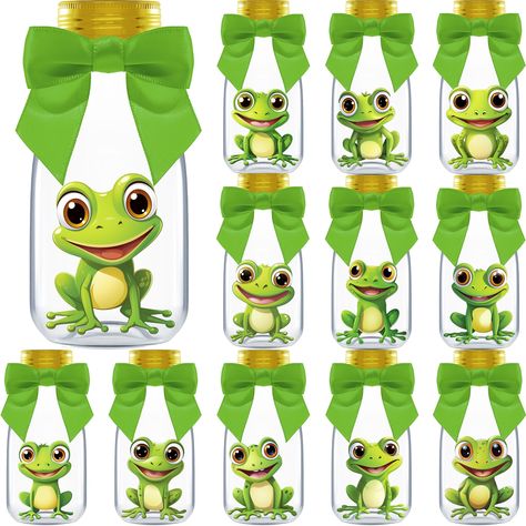 PRICES MAY VARY. INCLUDES: 12 Plastic Bottles, Gold Caps, Ribbons, Frog Stickers, and Thank You Stickers. Each bottle measures 4.00 x 1.80 inches and holds 4 ounces, perfect for creating frog party decorations UNIQUE JARS - Each package comes with 12 unique frog stickers to add a personalized touch to each bottle. Send everyone home feeling appreciative of the extra creativity in your thoughtful keepsakes EASY TO SETUP - These jars are quick to setup in seconds. Just add treats, then place the e Tiana Baby Shower Theme, Frog Party Decorations, Tiana Birthday Party, Frog Baby Showers, Frog Stickers, Frog Party, Unique Jars, Diy Party Favors, Flowers In Jars