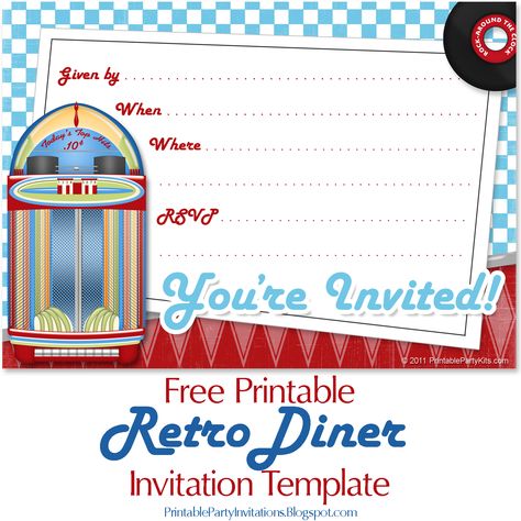 Free Invite Art for a 1950s or Retro Party | Free Printable Party Invitations Free Party Invitations, Grease Party, 50s Theme, Printable Party Invitations, 50s Theme Parties, 50s Party, Scrapbooking Templates, 1950s Party, Free Vintage Printables