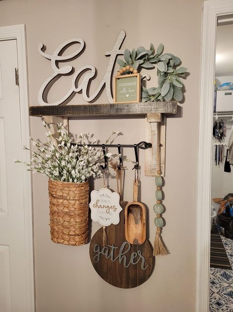 Eat Wall Decor, Eat Sign, Farmhouse Dining Rooms Decor, Kitchen Shelf Decor, Whitewashed Wood, Diy Home Accessories, Wall Decor Farmhouse, Stylish Curtains, Accessory Ideas