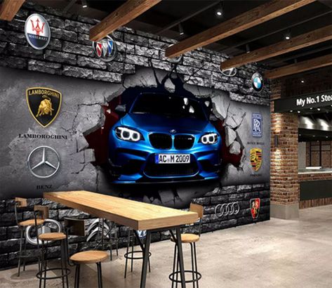 Broken Background, Car Showroom Design, Broken Wall, Garage Design Interior, Car Wash Business, Aj Wallpaper, Garage Style, Car Furniture, Floor Murals