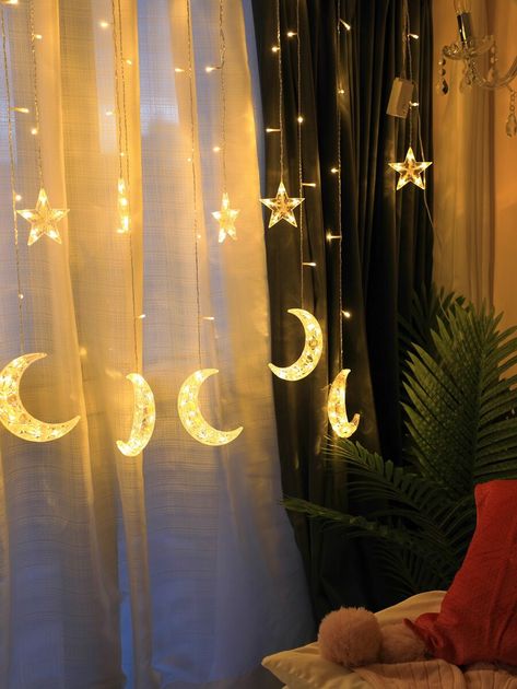 Moon And Star Bedroom Ideas, Celestial Room, Home Ideas Kitchen, Star Bedroom, Home Drawing, Drawing Home, Space Themed Room, String Lights In The Bedroom, Star String Lights