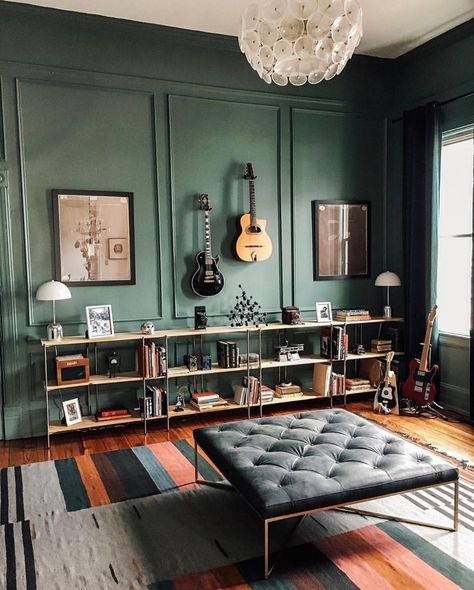 Home Office Guitar Room, Guitar Space In Room, Green Mancave, Green Music Room, Office Music Room, Music Room Office, Office Music, Music Reading, Home Music Rooms